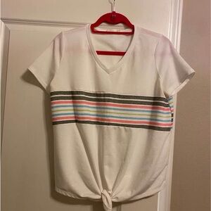 Striped White V-Neck Tie-Front T-Shirt